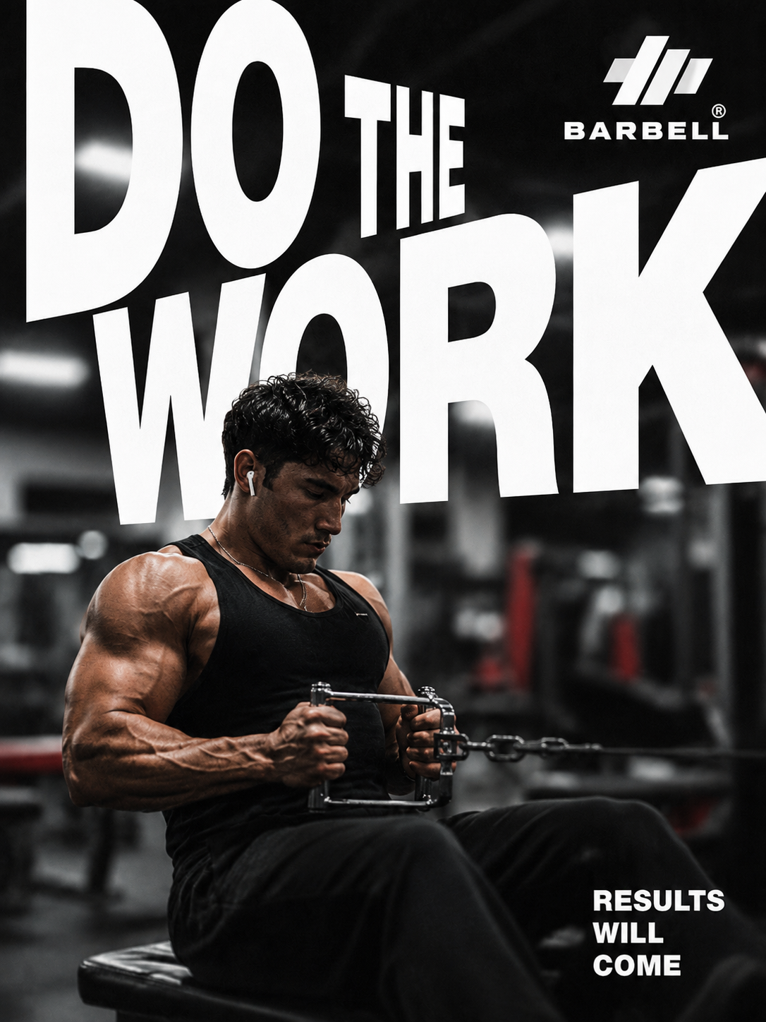 Barbell 'Do the work' campaign — athlete on cable row